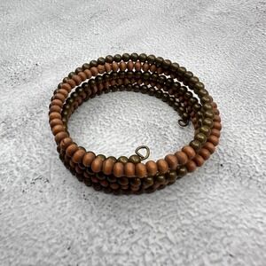 Brown Olive Wood Bead Memory Wire Wrap Bracelet Boho Layered Statement Vintage